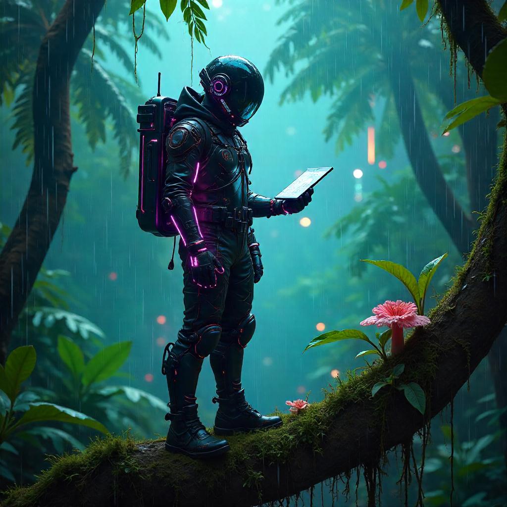 Cyberpunk Pilot in Jungle Canopy
