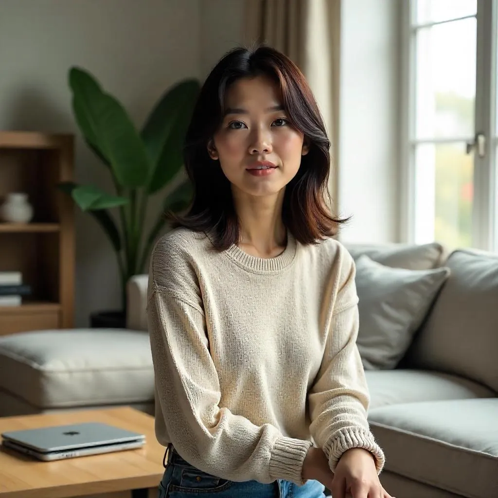 Photorealistic Portrait: Late-20s Asian Woman in a Modern Apartment