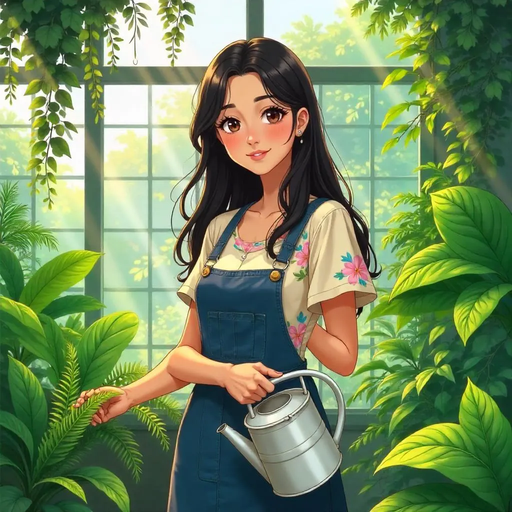 Anime Style Middle Eastern Woman in a Greenhouse