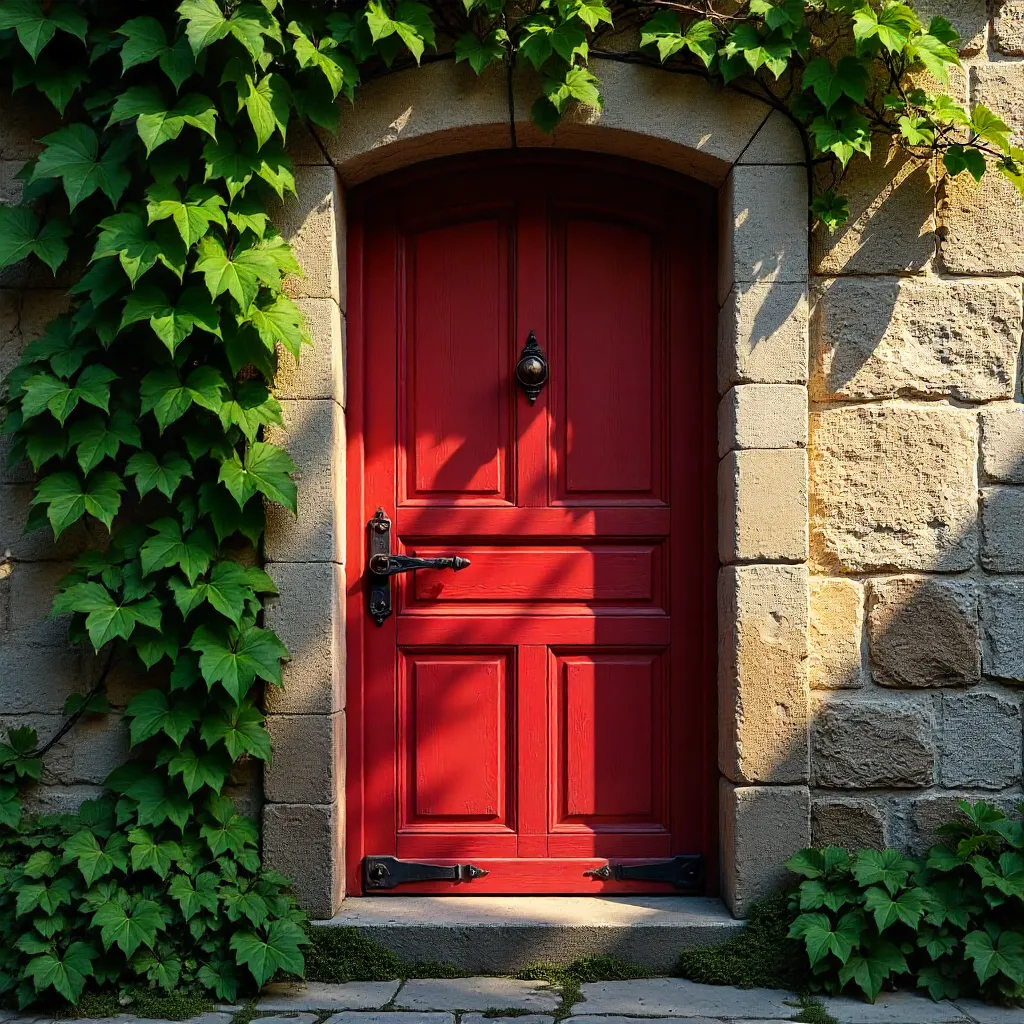Striking Red Door Framed by Ivy on Rustic Stone Wall