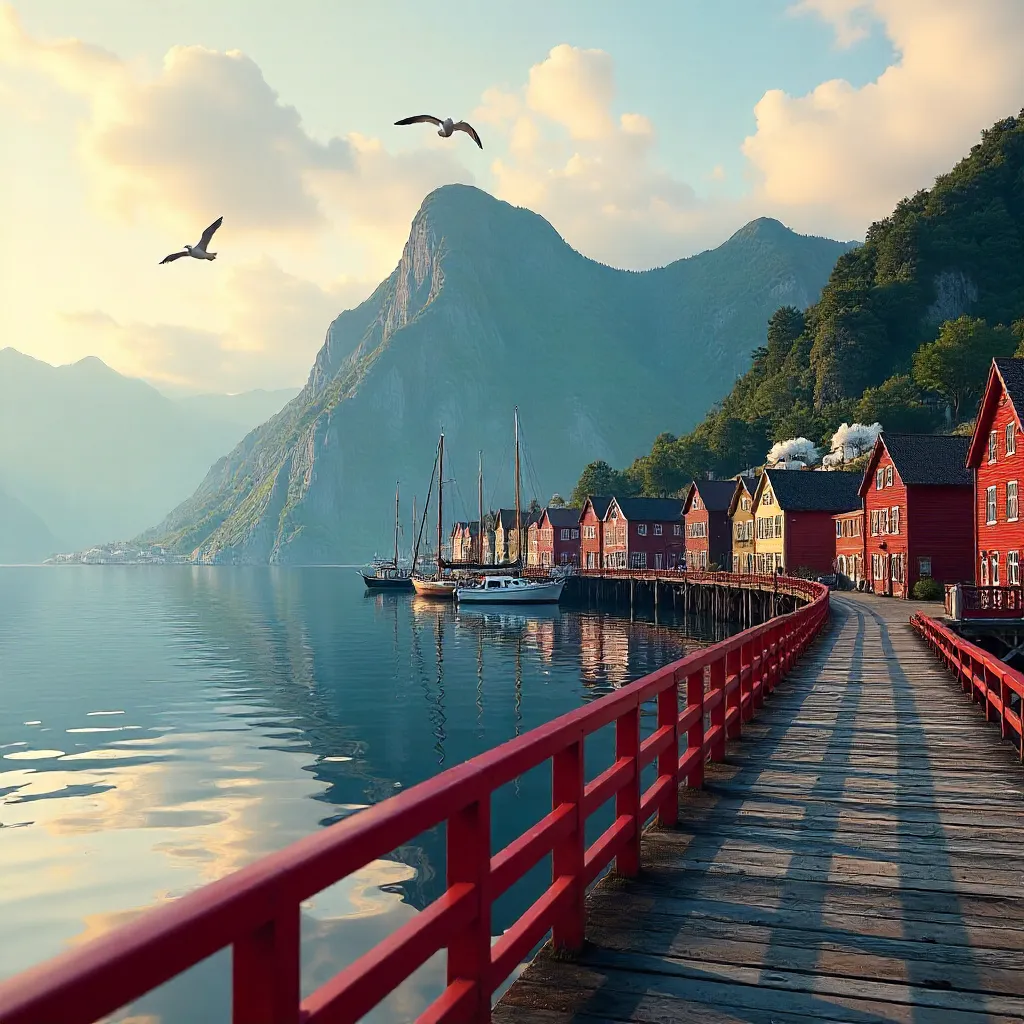 Bergen Harbor: Red Dock Railing and Mountain Backdrop
