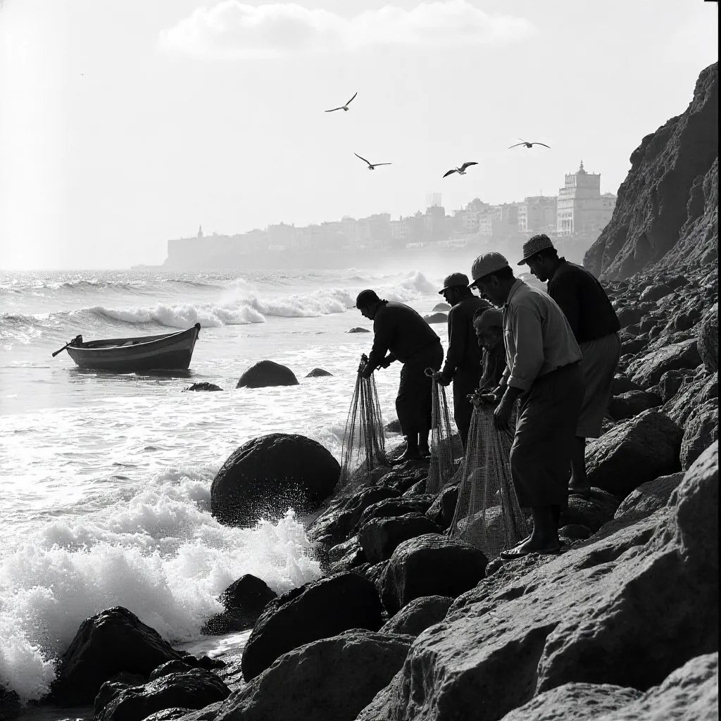 Black-and-White Fishermen on Rabat's Rocky Coast