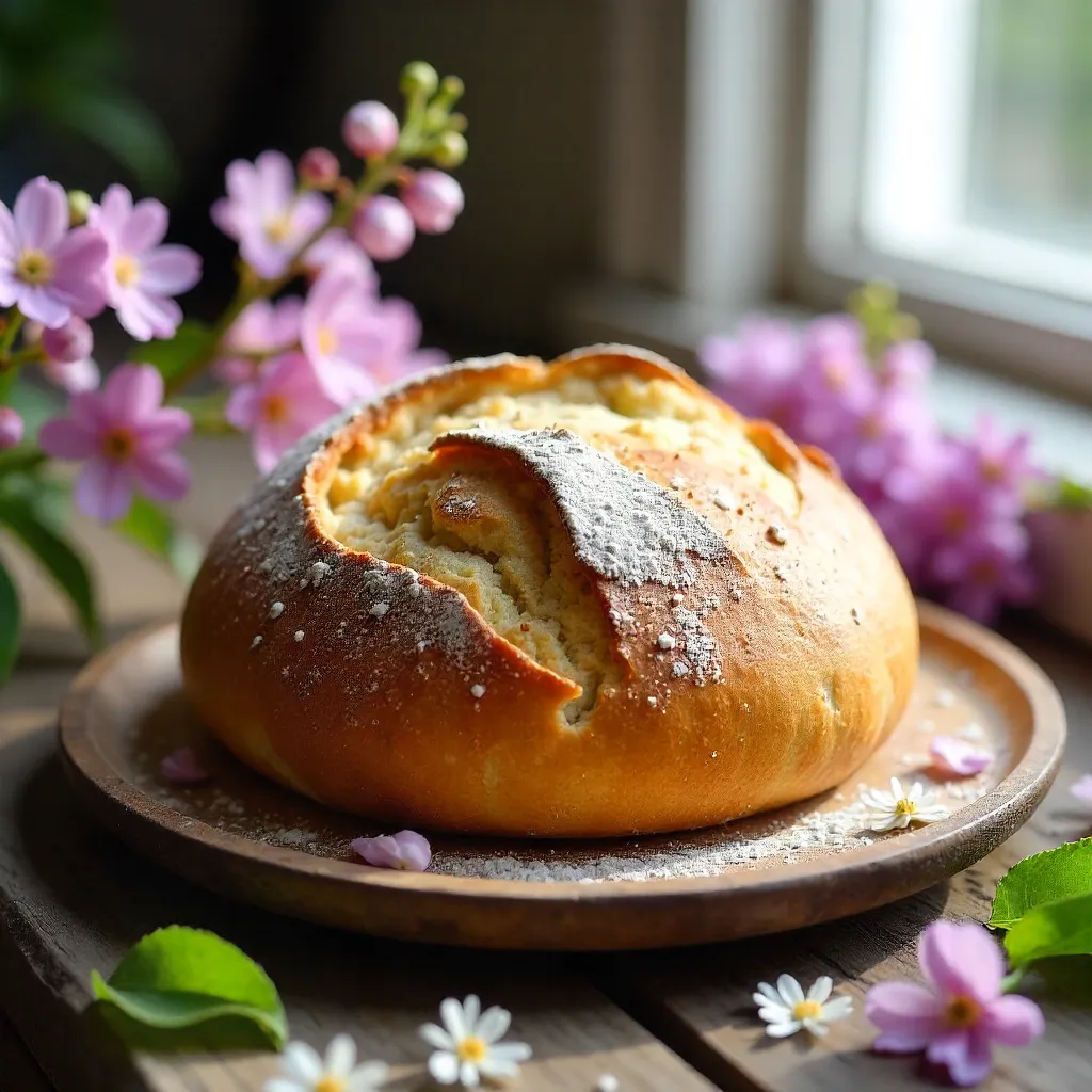 Rustic Round Bread with Spring Florals on Wood Plate