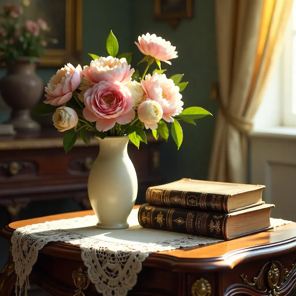 Vintage Interior: Floral Vase and Antique Books on an Ornate Table