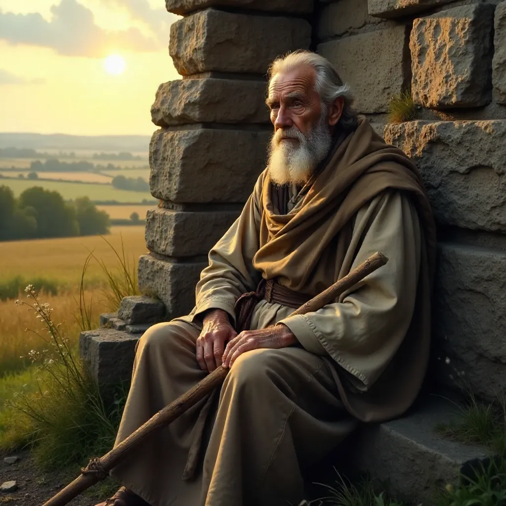 An Elderly Man Reflects by a Historic Stone Wall