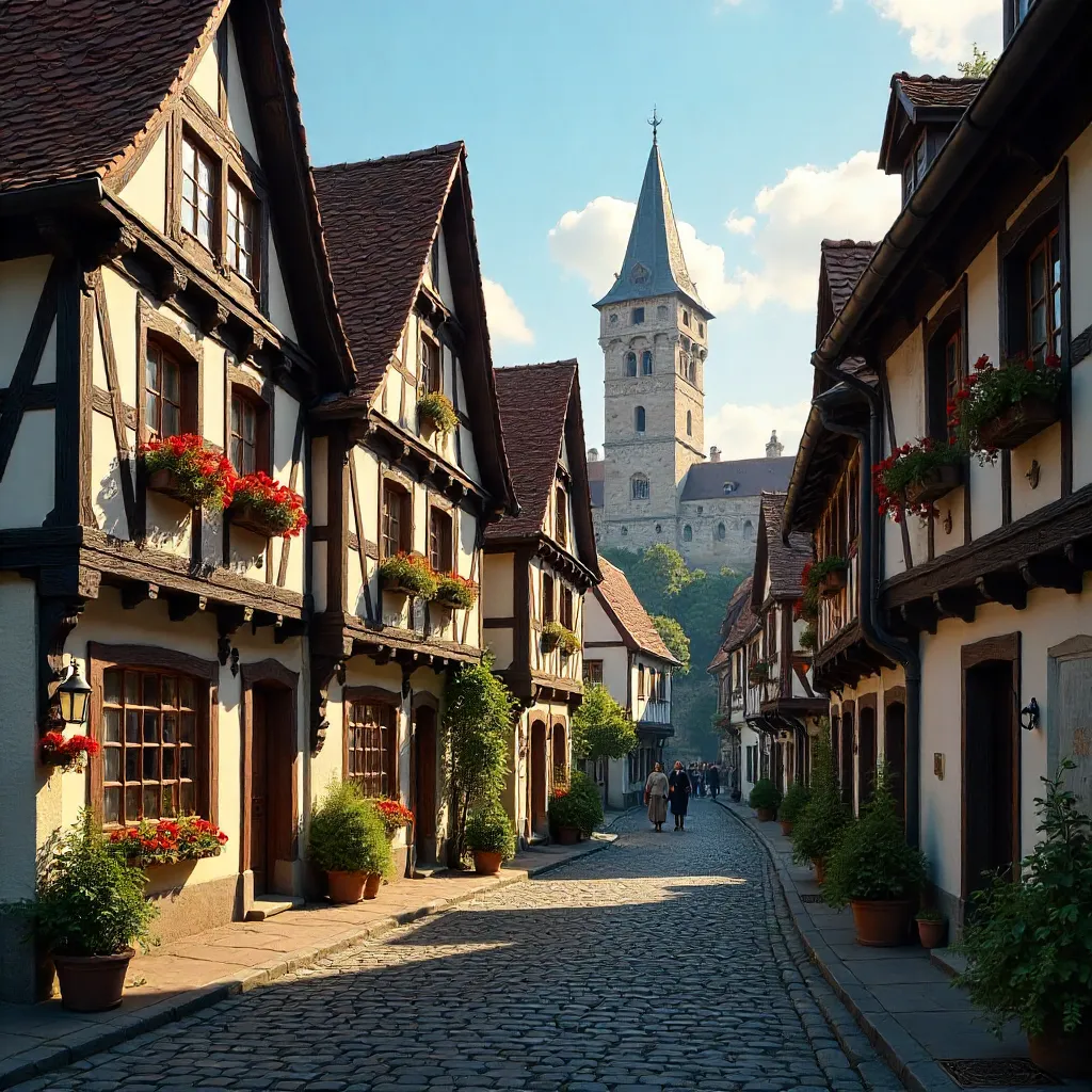 Charming Rothenburg Half-Timbered Street View