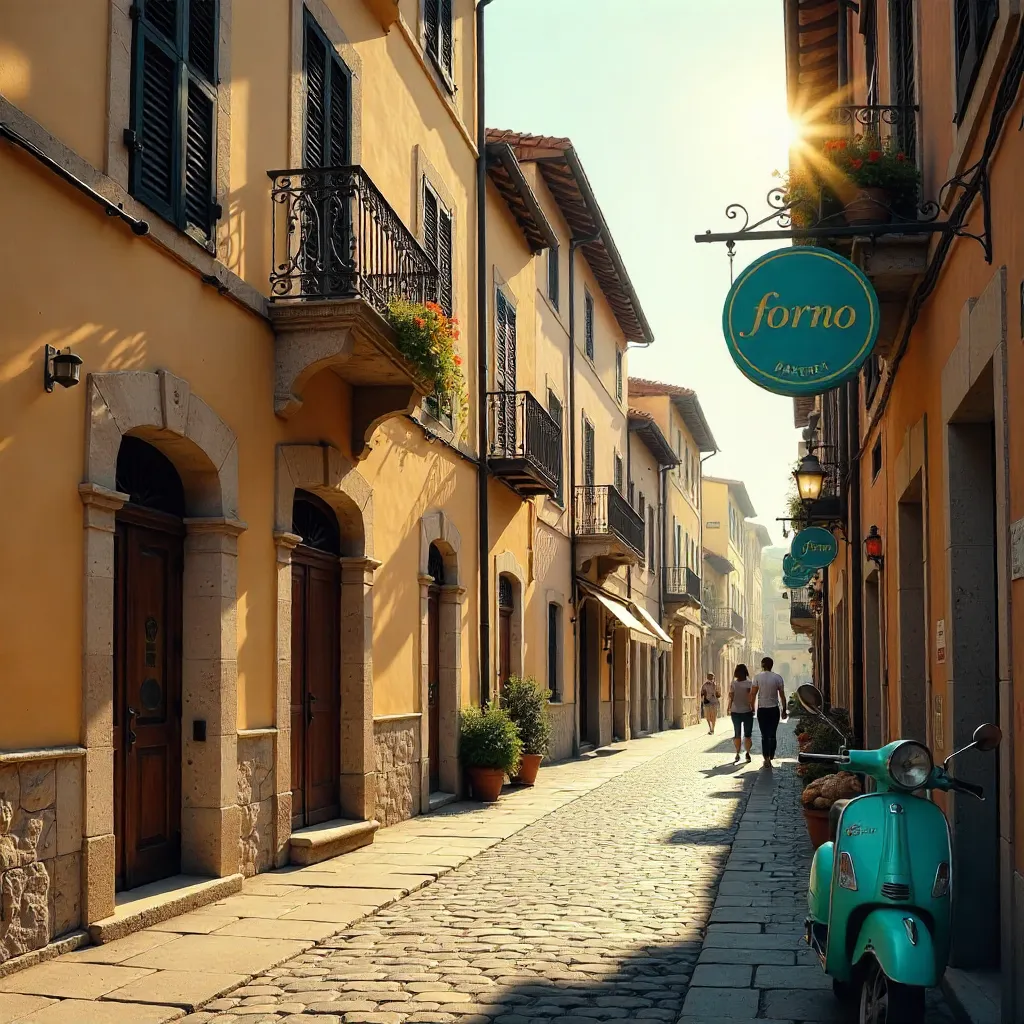Sunlit Italian Street: FORNO Sign and Historic Facades
