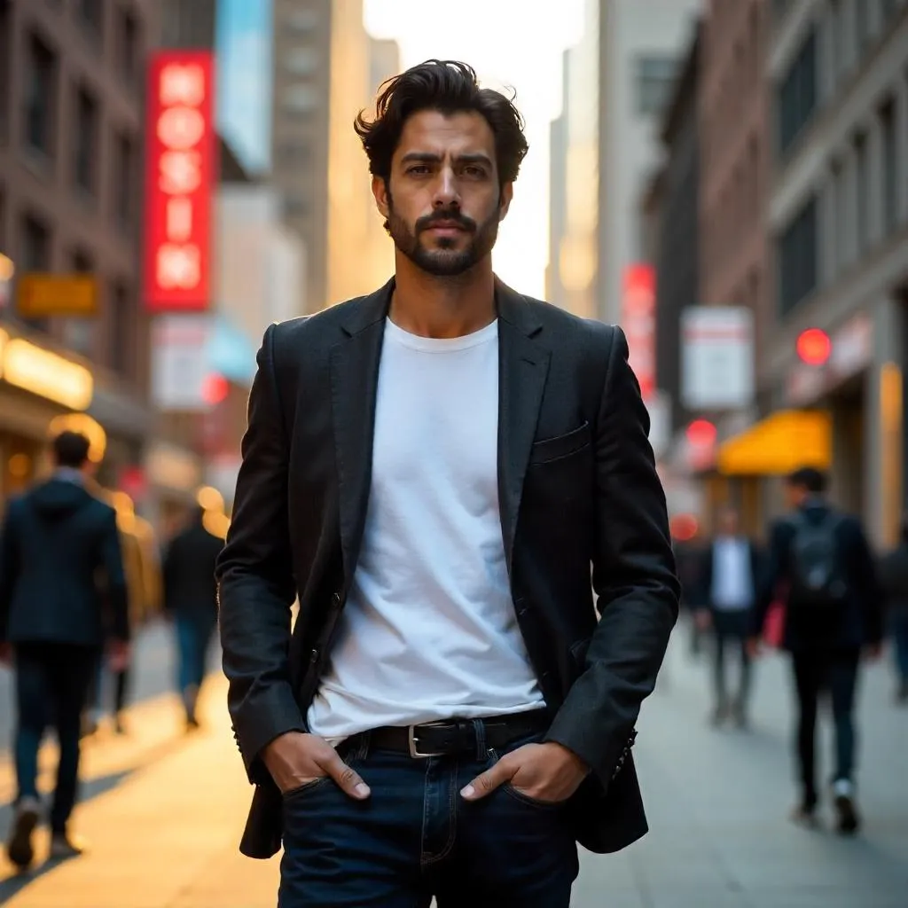 Confident Latino Man on a Bustling City Street