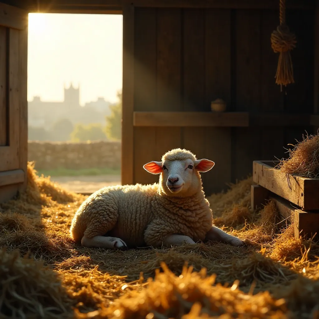 Sunlit London Barn: Sheep on Golden Straw
