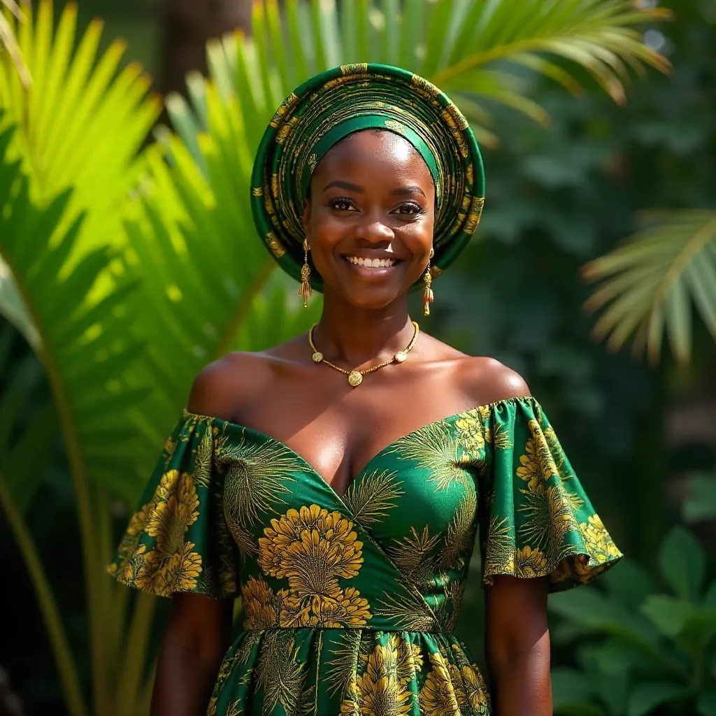 Radiant Nigerian Elegance in Lush Foliage