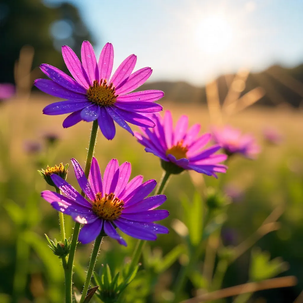 Vivid Purple Asters in Sunlit Meadow