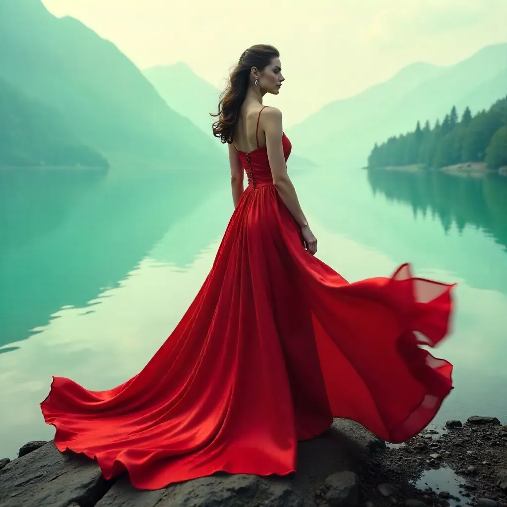 Red Dress by a Misty Turquoise Lake