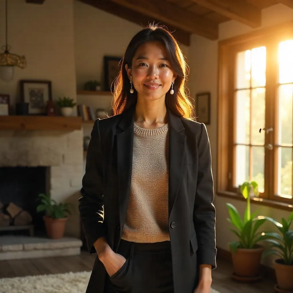 Confident Asian Woman in a Cozy Cottage