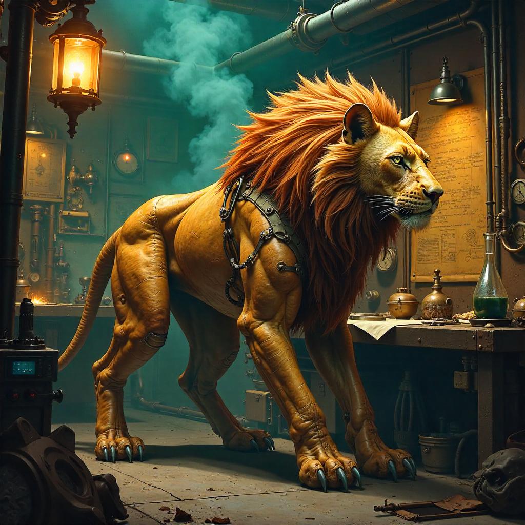 Steampunk Manticore in a Brass Workshop