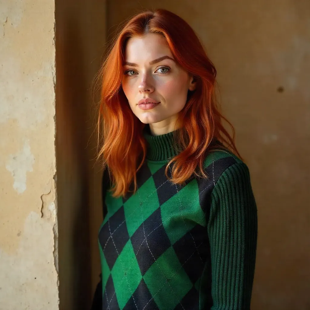 Crimson-Haired Style by Textured Wall in Argyle Sweater