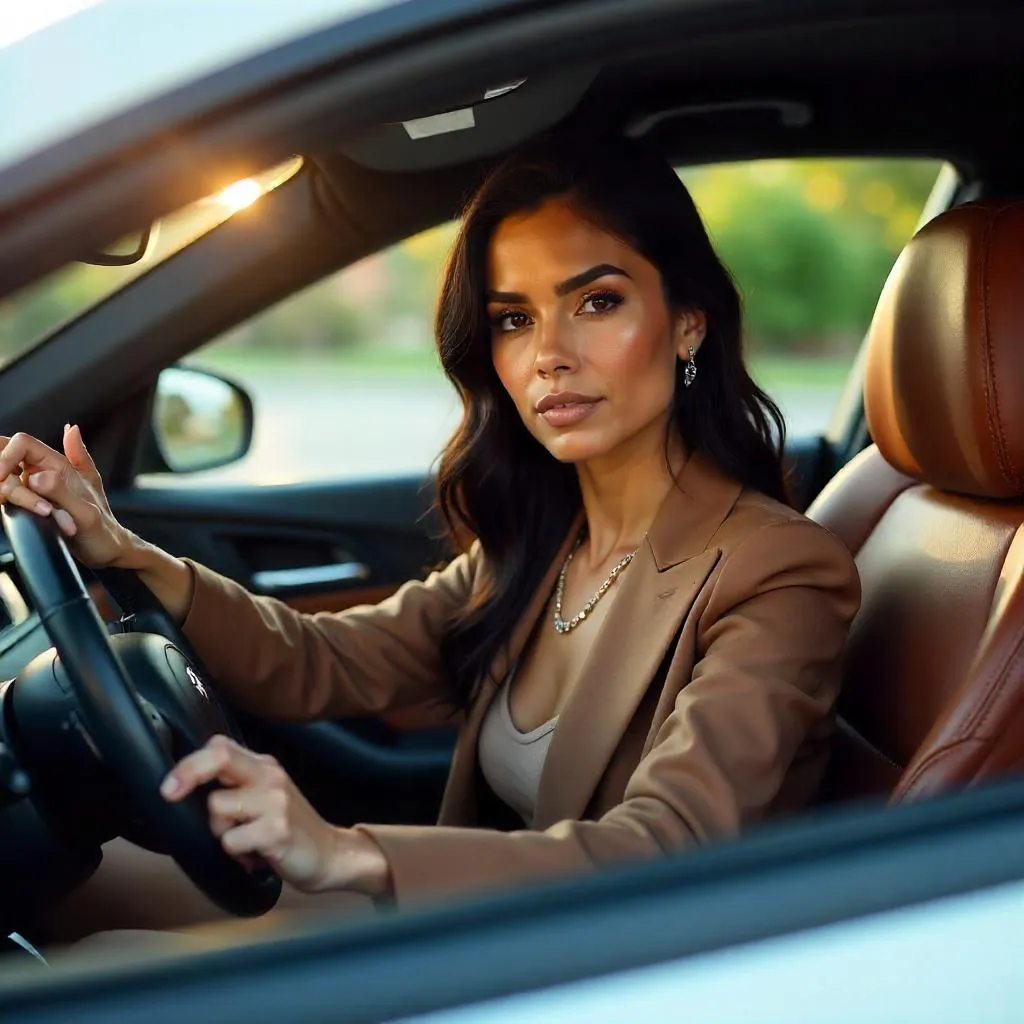 Confident Latina in a Photorealistic Car