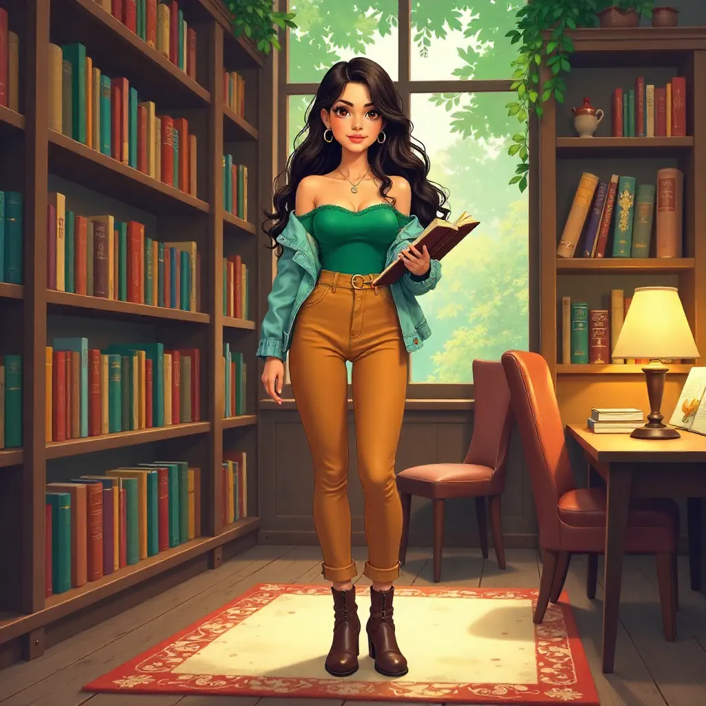 Stylish Latina in a Cozy Anime Bookstore