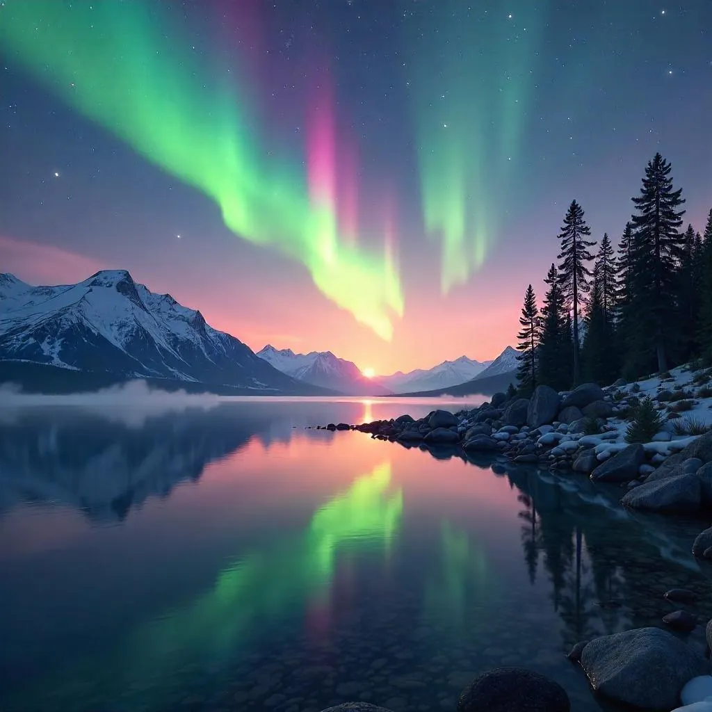 Aurora at Sunrise over the Arctic Lake