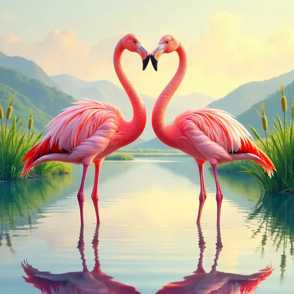 Heart-Shaped Flamingos in a Serene Outdoor Scene