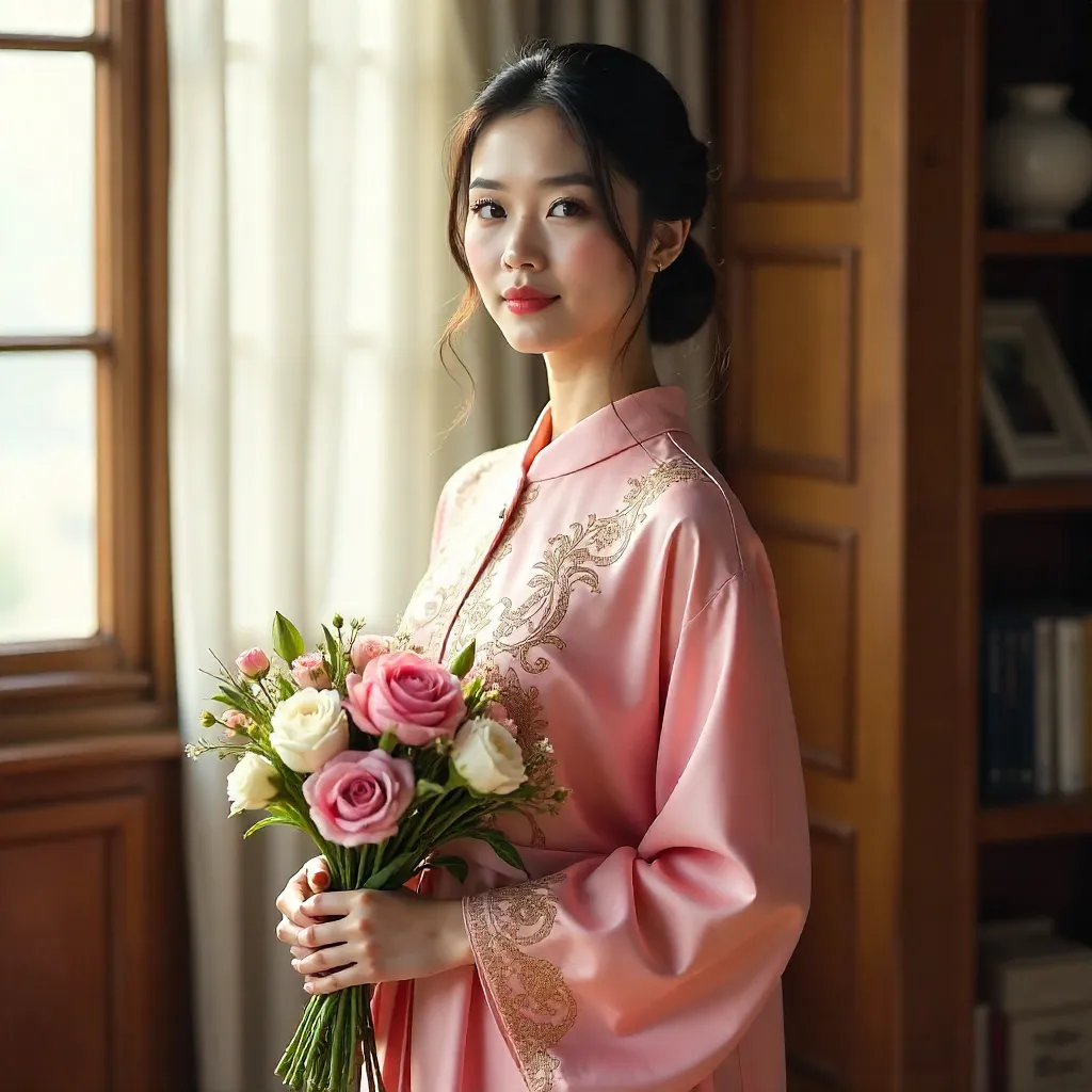 Indoor Elegance: Pink Traditional Dress with Flowers