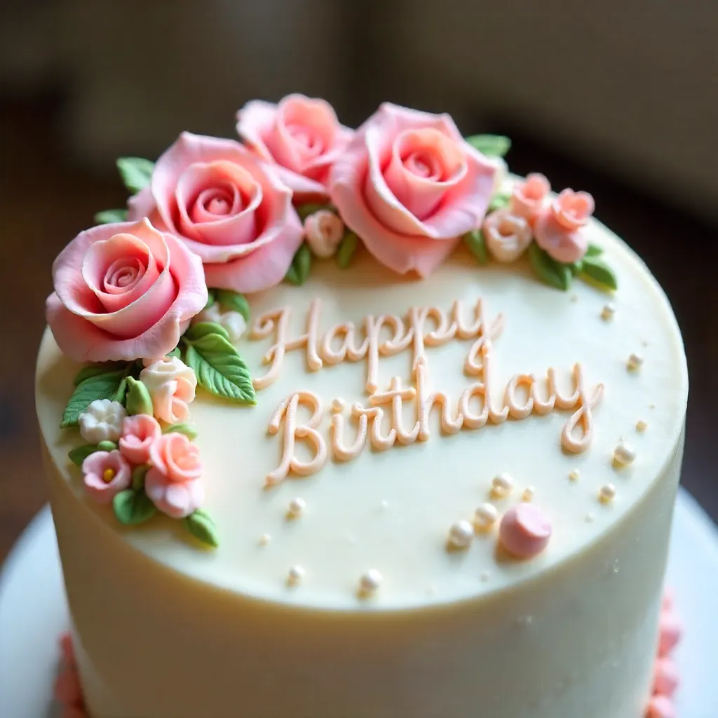 Close-Up Birthday Cake: Pink Flowers and Happy Birthday