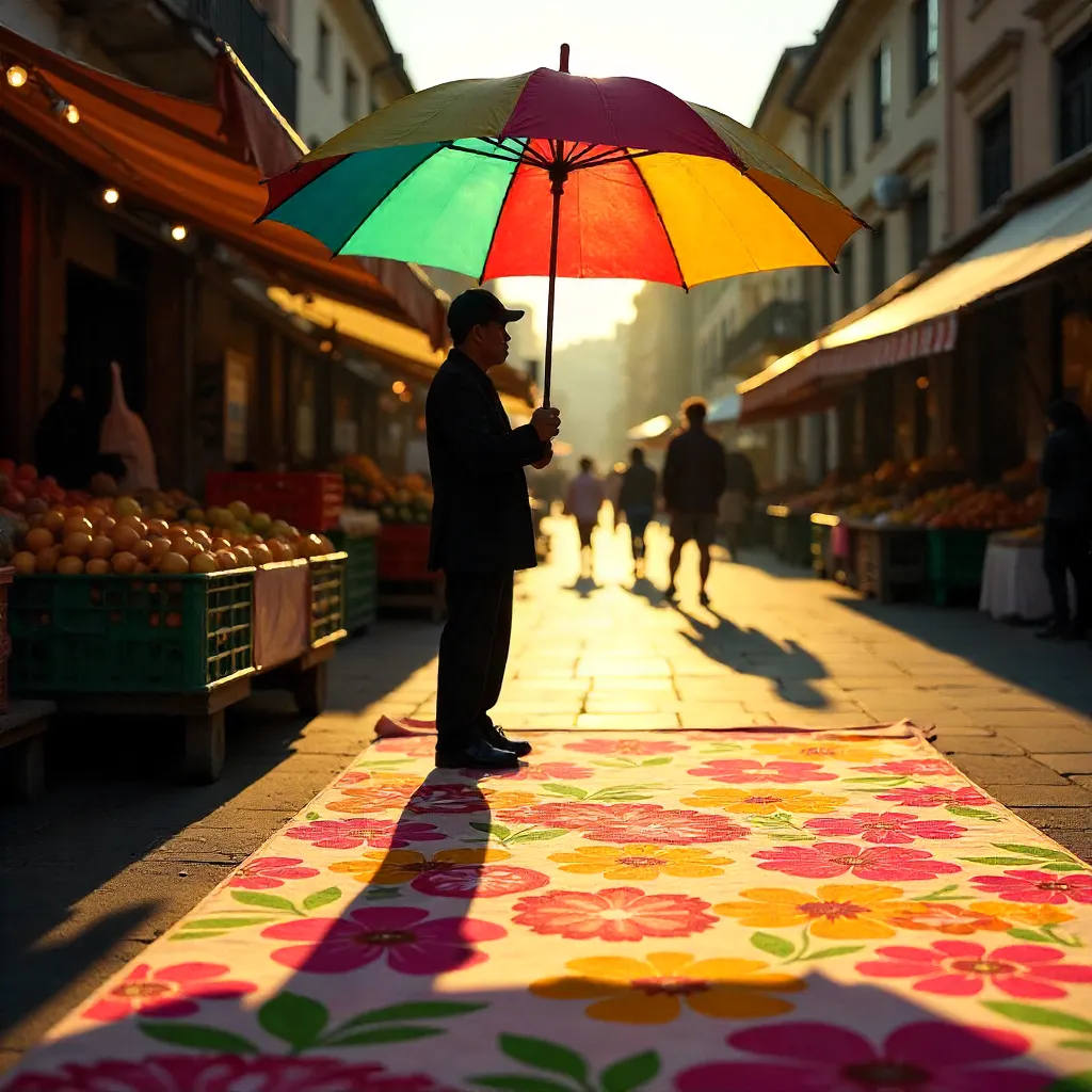 Silhouette Under a Vivid Market Umbrella