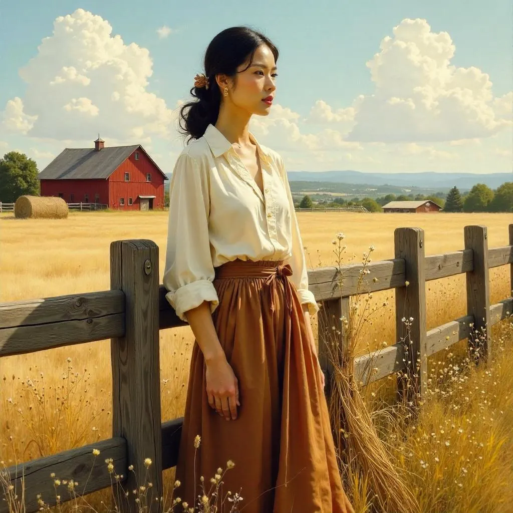 Elegant Asian Woman on a Farm — Oil Portrait