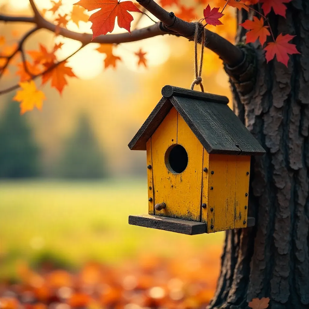 Yellow Birdhouse in Fall Serenity