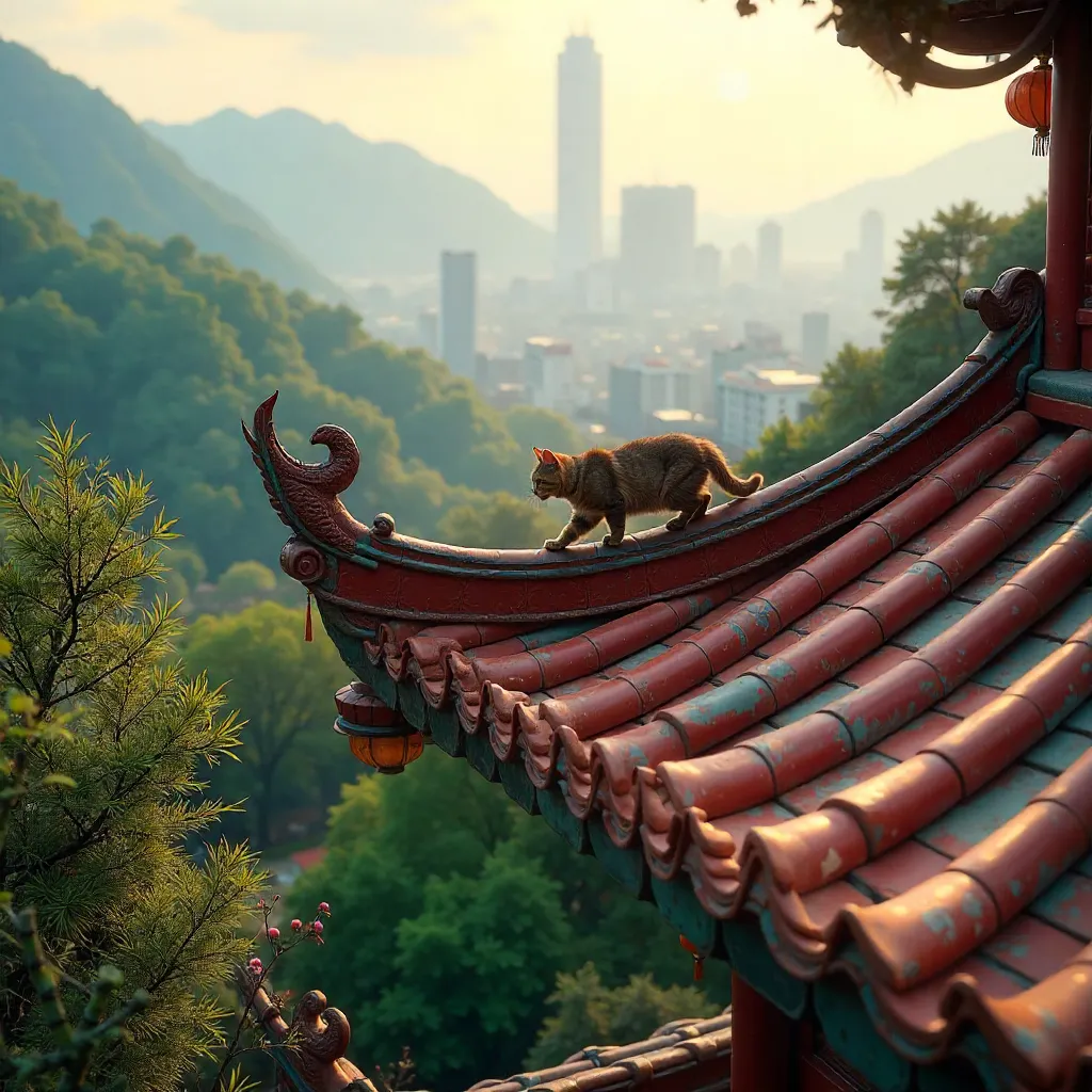 Cat on a Vibrant Taipei Temple Roof