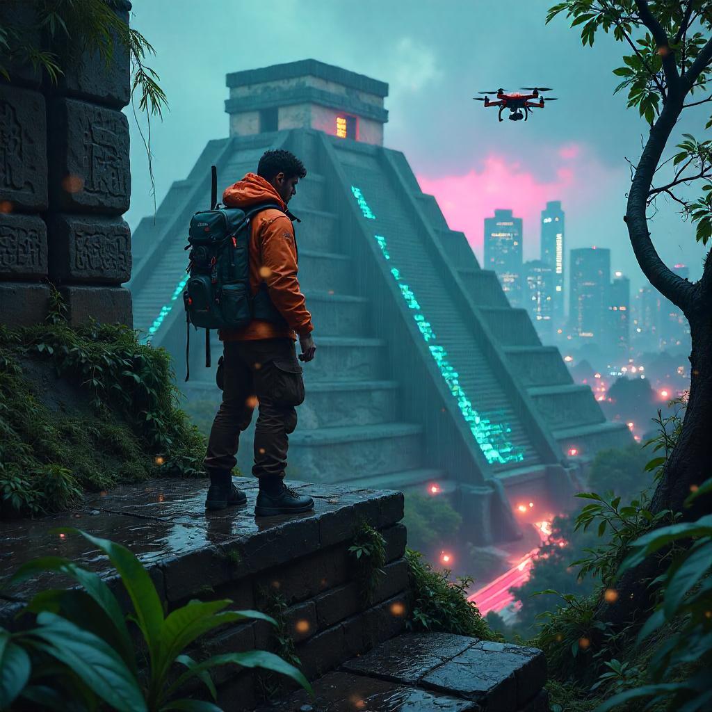 Neon Echoes of Mayan Ruins: A Cyberpunk Child