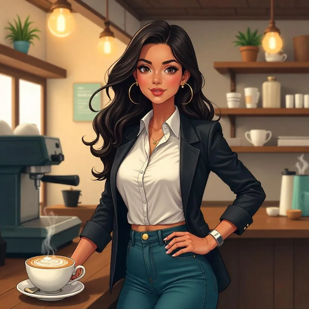 Confident Latina Anime Woman in a Cozy Coffee Shop