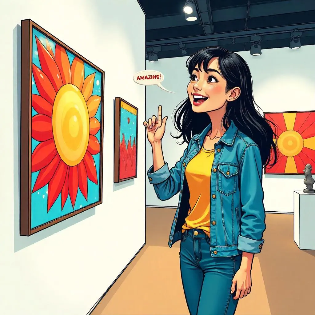 Cheerful Asian Girl in a Comic Gallery