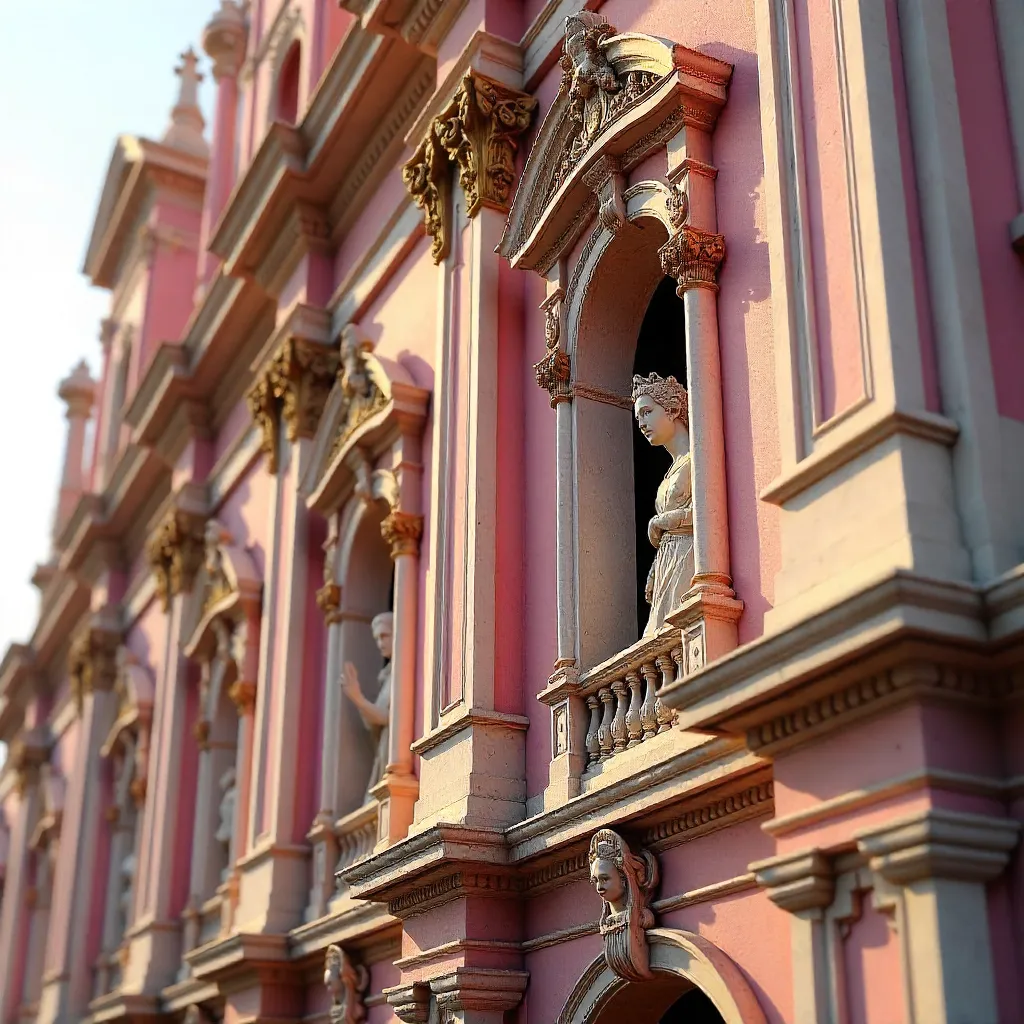 Detailed Pink Ornate Church Facade with Statues