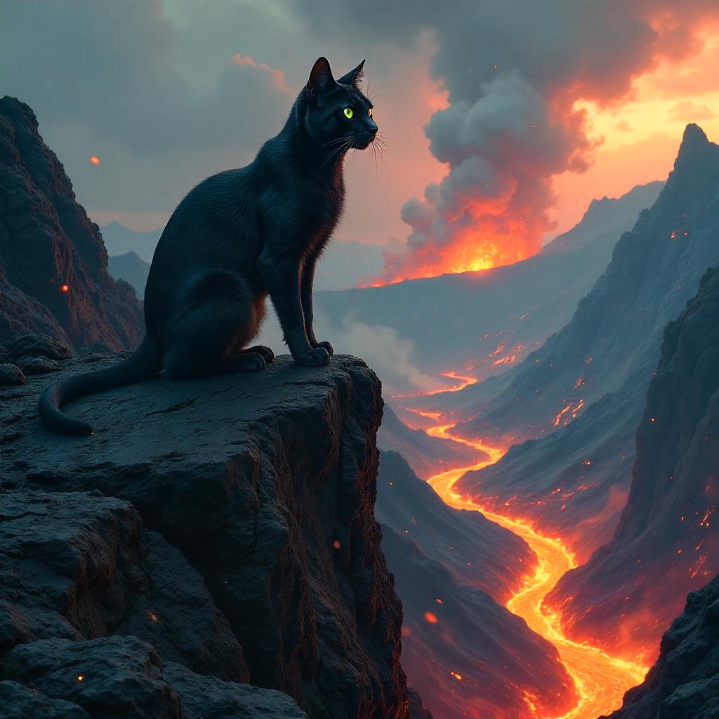 Cat on Volcanic Rocks: Fiery Concept Art Scene