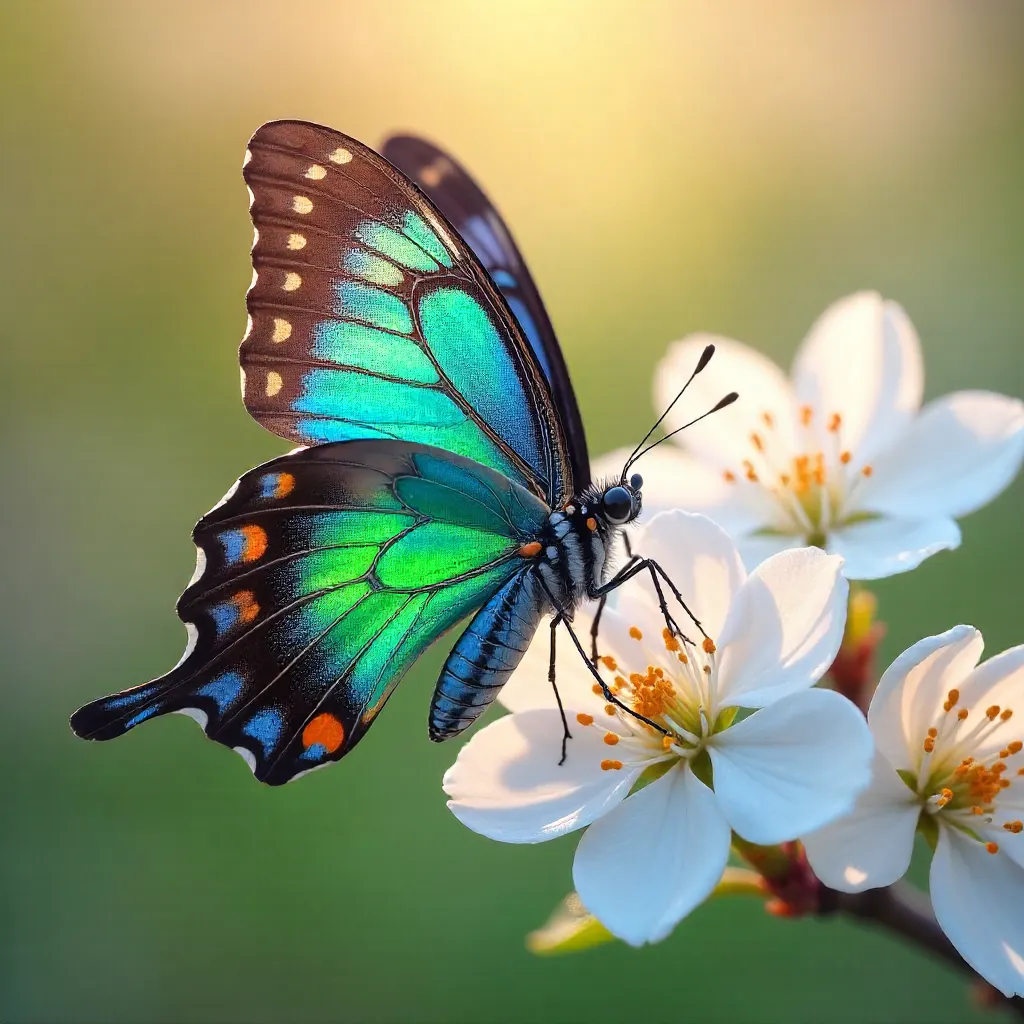 Vibrant Butterfly on White Spring Blossoms