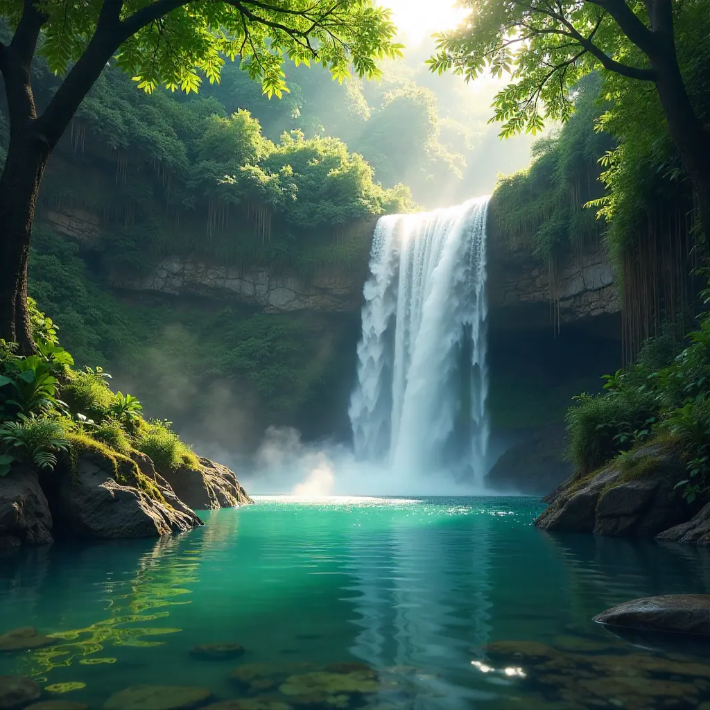 Tranquil Waterfall and Turquoise Pool in Lush Jungle
