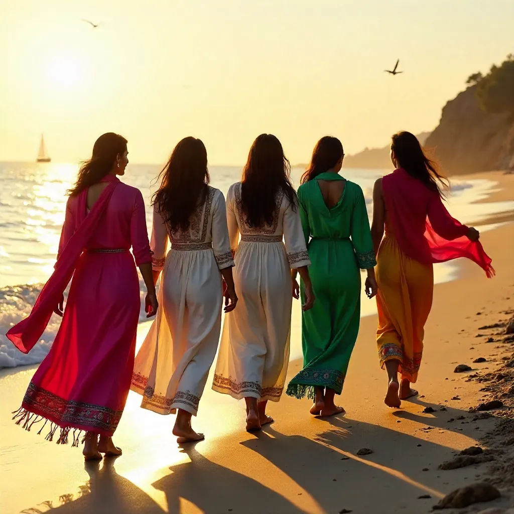Five Women in Colorful Scarves on the Shore