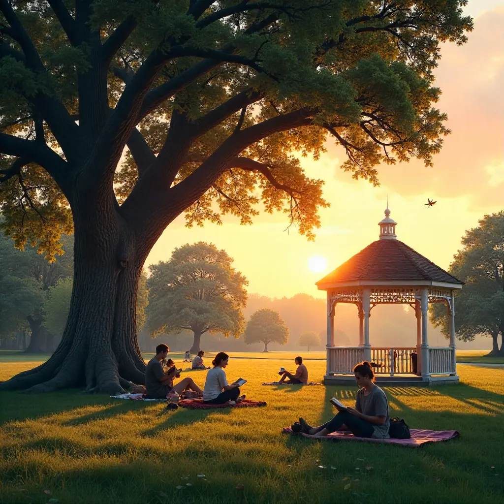 Sunset Serenity: Park Gazebo and Giant Tree