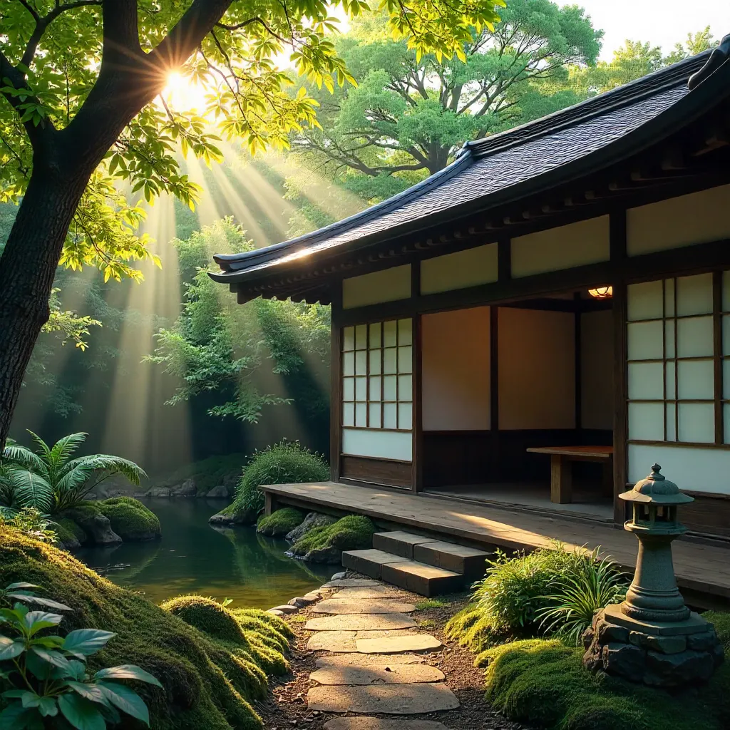 Dappled Sunlight on a Traditional Japanese Teahouse