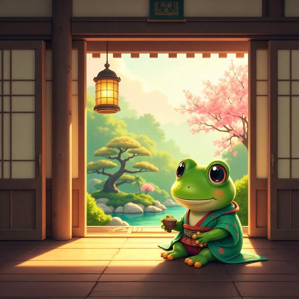 Anime Frog in a Tranquil Pagoda Interior