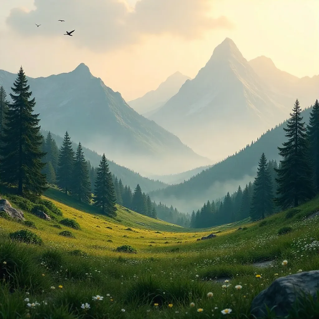 Mist-Kissed Meadows and Distant Peaks