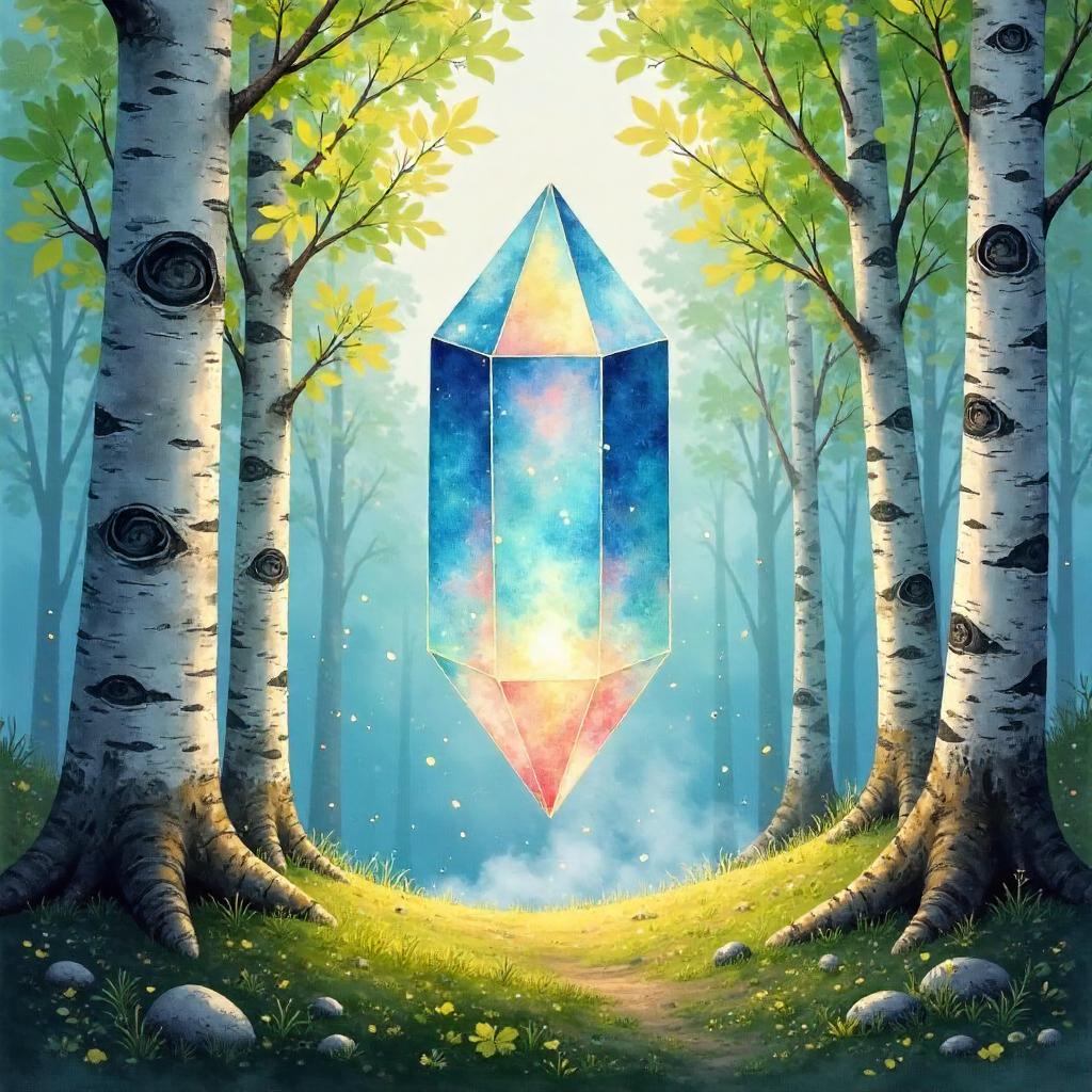 Crystal Entity in a Birch Forest - Watercolor