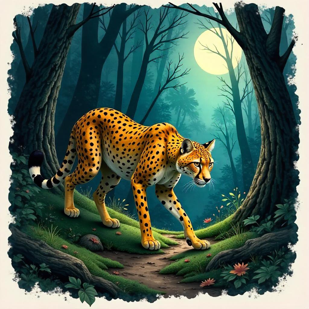 Cheetah in a Dark Forest: Watercolor Night