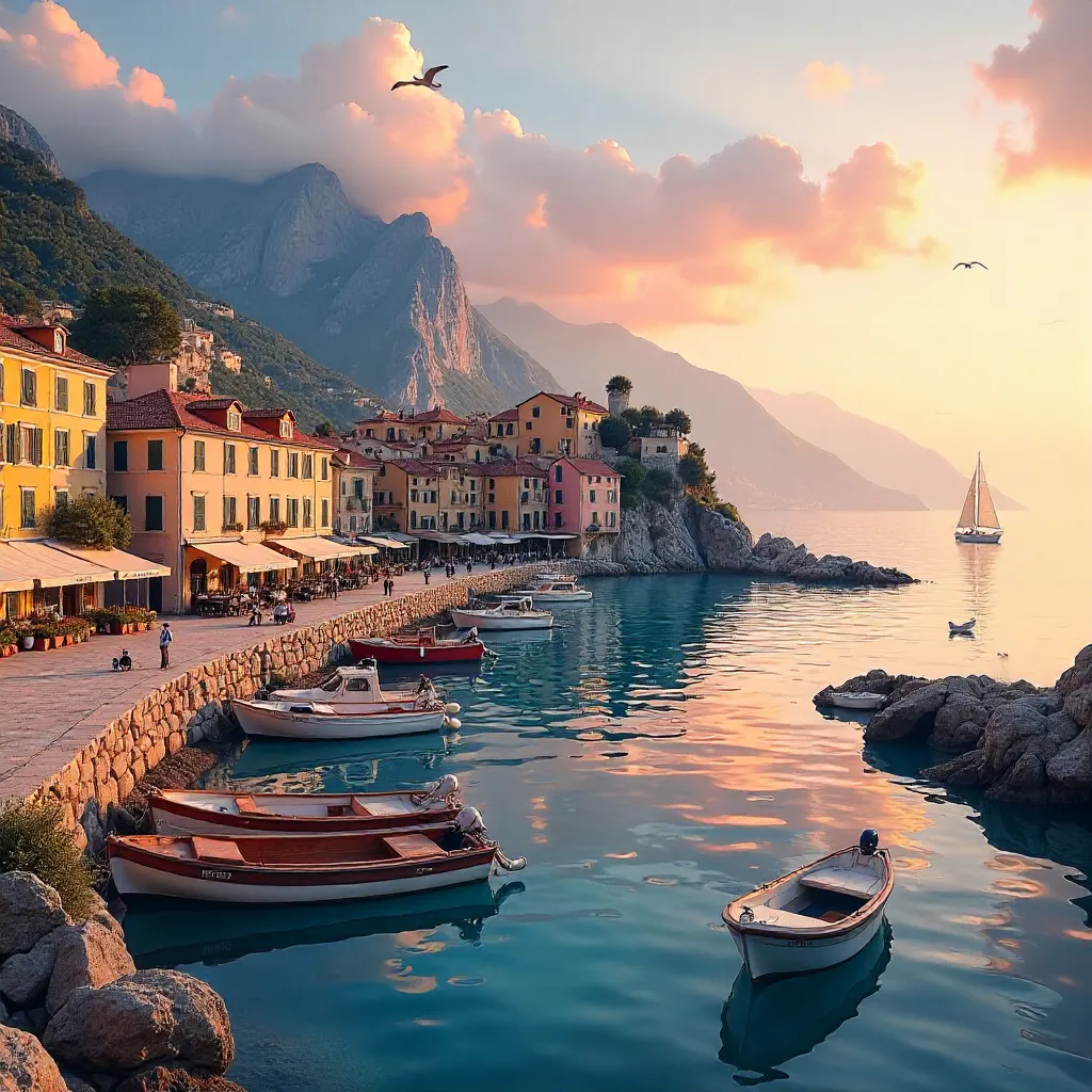 Harbor Vista: Mountains, Boats, and a Coastal Town