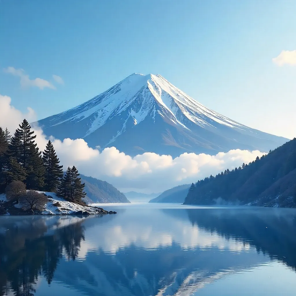 Snow-Capped Mount Fuji Under a Clear Blue Sky