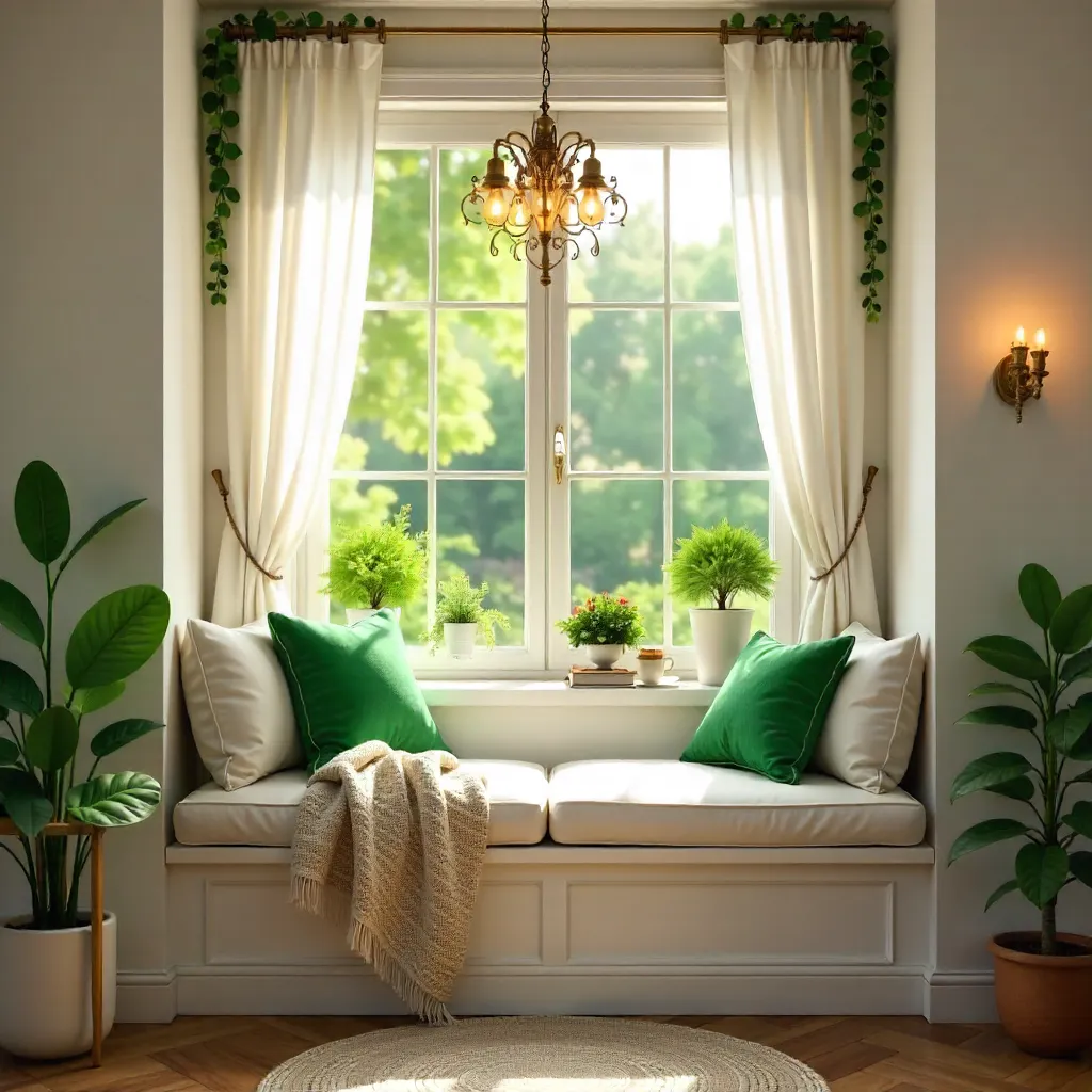 Serene Window Nook with Greenery and Chandelier