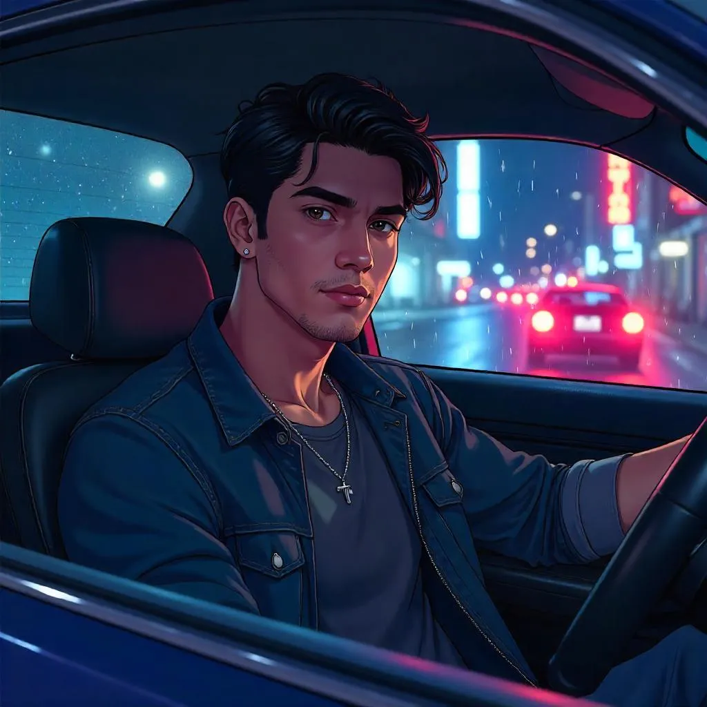 Anime Style Latino Man in a Car Portrait