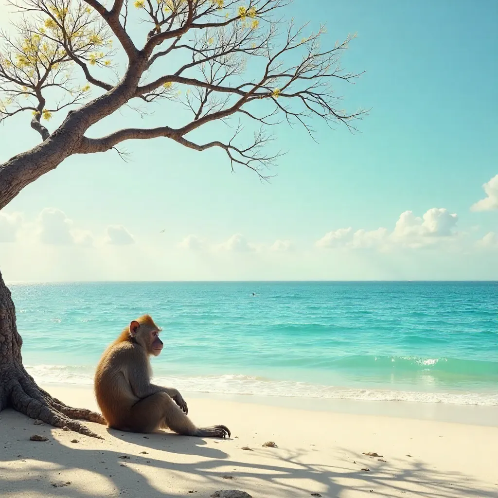 Tranquil Ocean Rest: Monkey by a Bare Tree