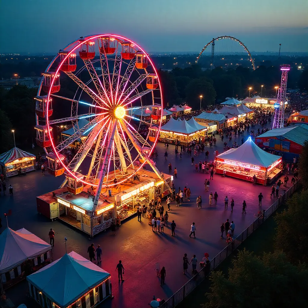 Aerial View of a Neon Fairground at Dusk