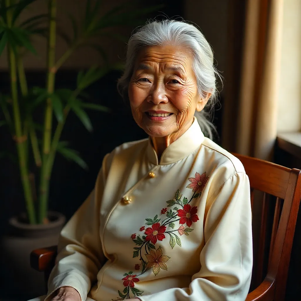 Warm Portrait of an Elder Vietnamese Woman in Ao Dai